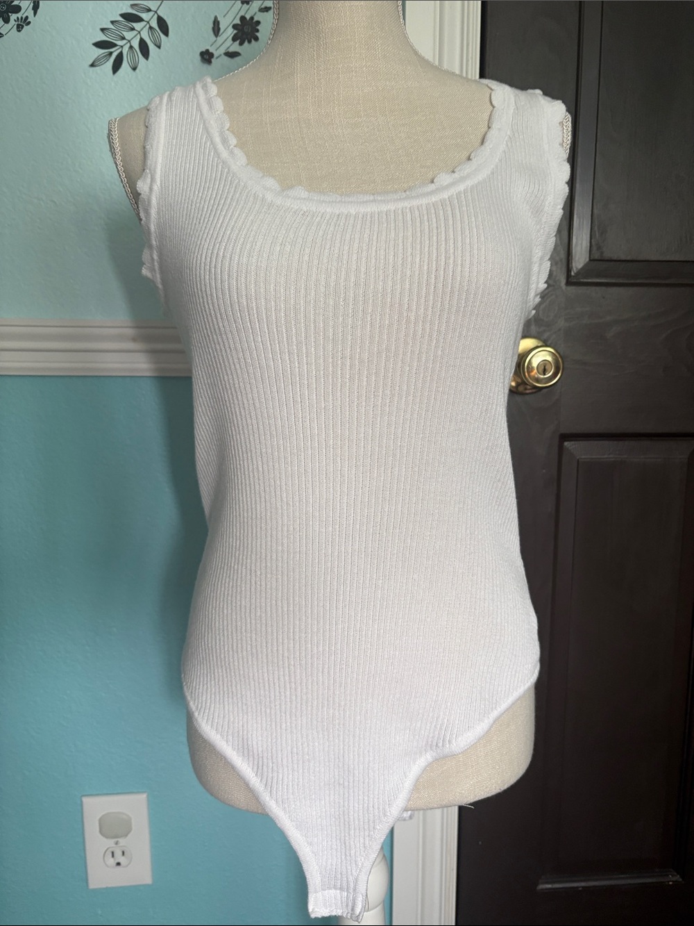 Women's White Ribbed Tank Bodysuit with Scallop Trim